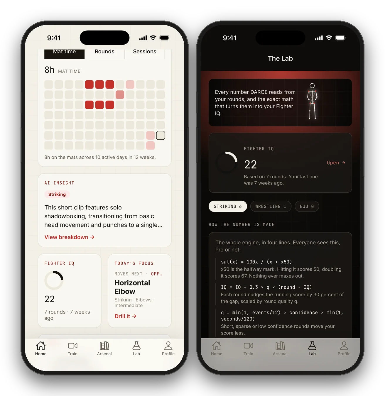 The DARCE app home screen showing mat time, an AI insight and today's focus, beside The Lab screen showing a Fighter IQ score and the math behind it